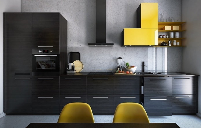 Interior de la cocina en colores gris y negro.