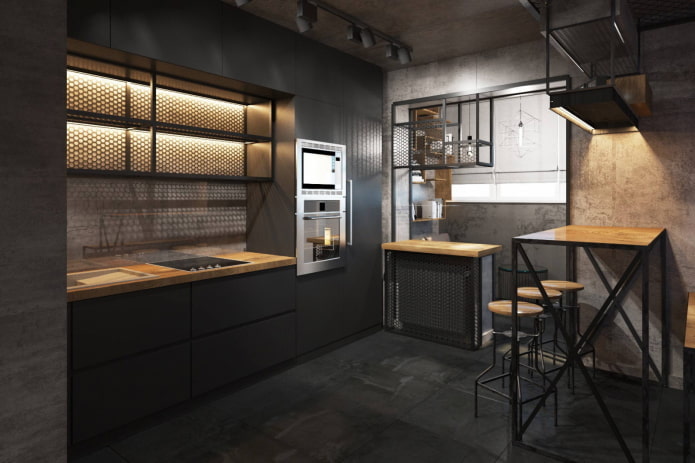 cocina en tonos negros en el estilo loft