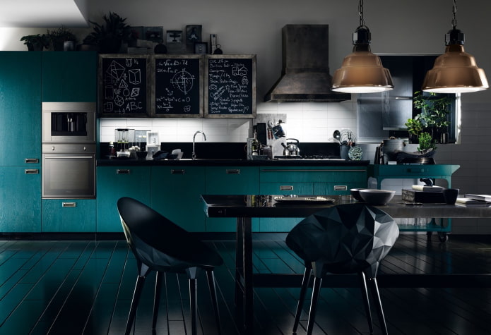 interior de la cocina en colores negro y turquesa