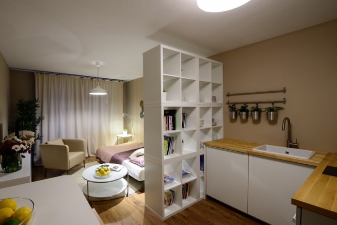 muebles en la zonificación de la cocina-dormitorio