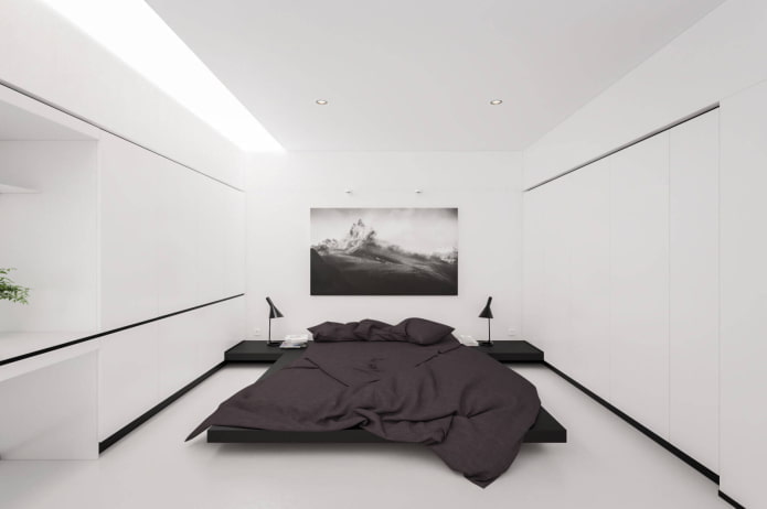 interior de dormitorio blanco en el estilo del minimalismo