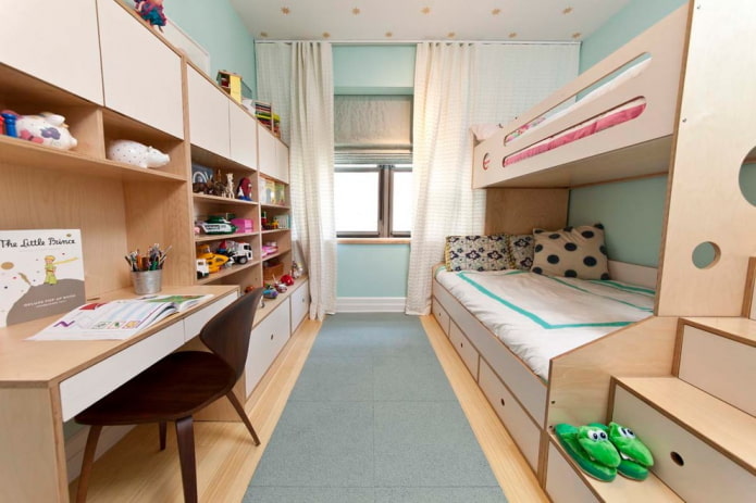 Zonificación y distribución de un dormitorio para niños de diferentes sexos.