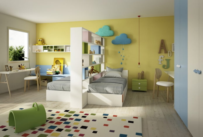 Zonificación y distribución de un dormitorio para niños de diferentes sexos.