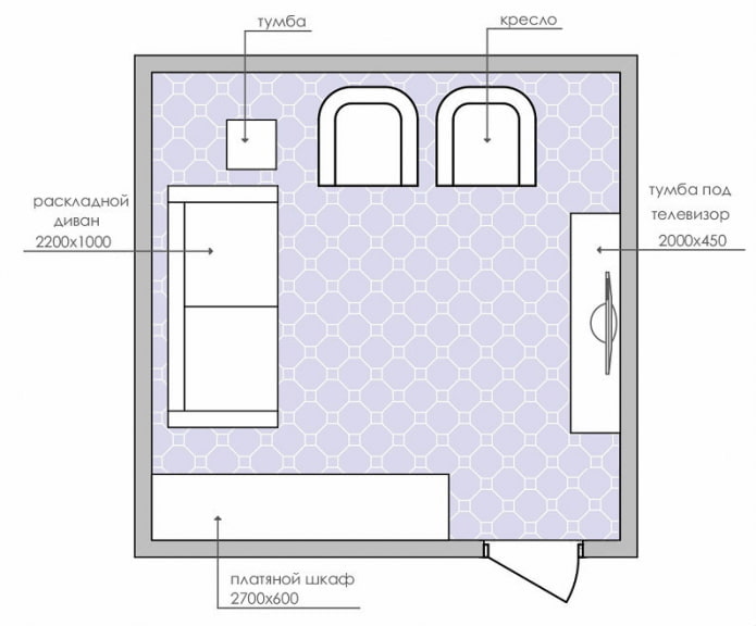 esquema de diseño de sala de estar de tamaño pequeño