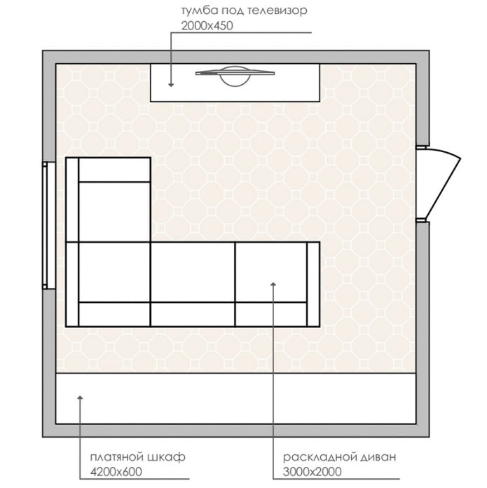 diagrama de diseño de una sala de estar de tamaño pequeño con un sofá de esquina