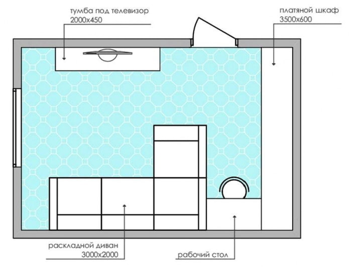 diagrama de diseño de una sala de estar de tamaño pequeño con un sofá de esquina