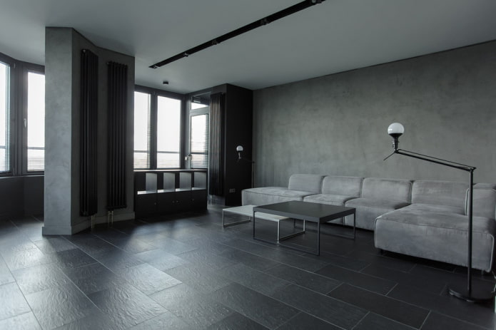 interior de una sala de estar gris en el estilo del minimalismo