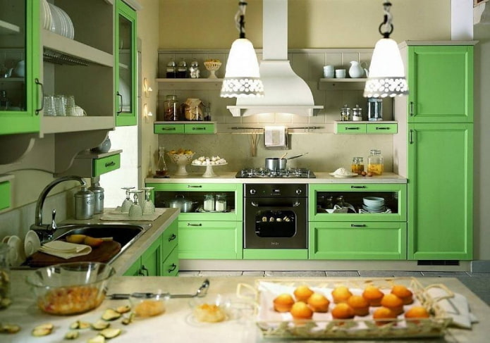 diseño de cocina en colores verde claro