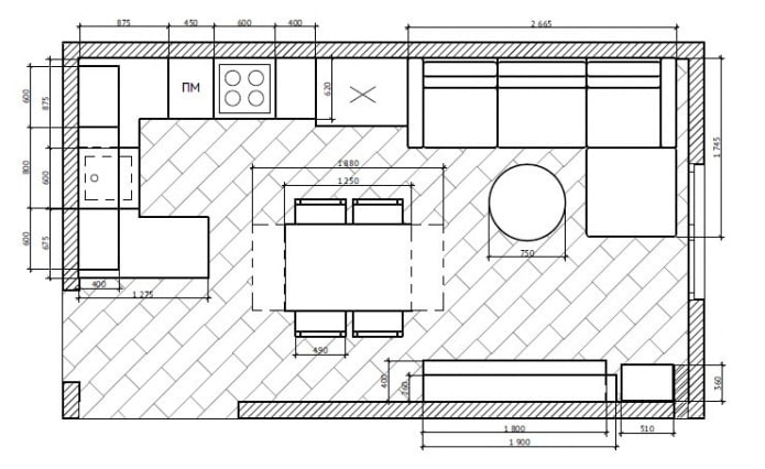 scheme ng kusina-sala na may kasangkapan sa bahay at kagamitan