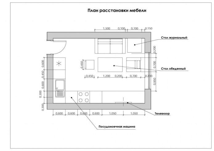 Disposición de la cocina-sala de estar con un área de 12 cuadrados.