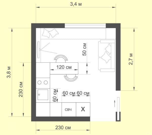 Disposición de la cocina-sala de estar con un área de 12 cuadrados.