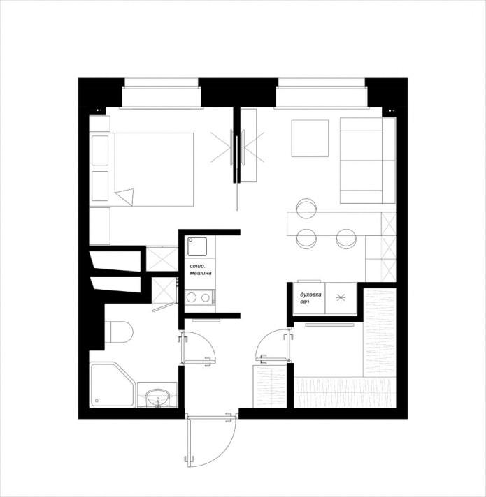 Disposición de la cocina-sala de estar con un área de 12 cuadrados.