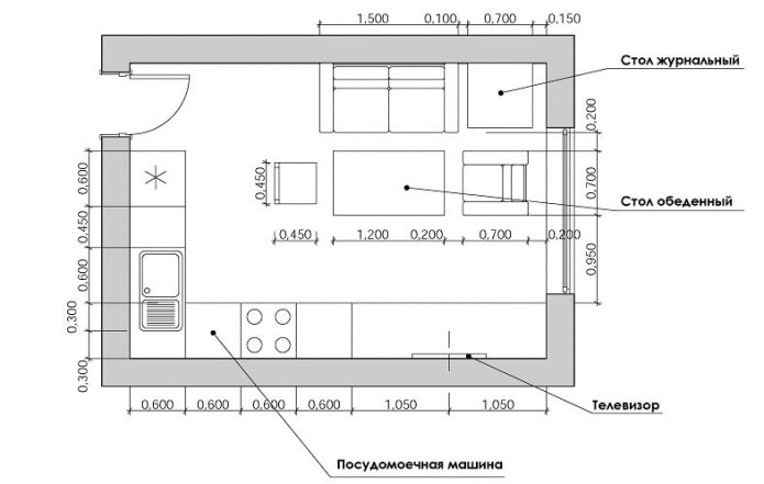 Distribución de la cocina y la sala de estar