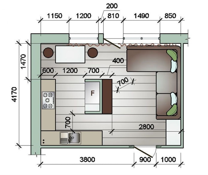 diseño de una sala de estar de cocina de tamaño pequeño