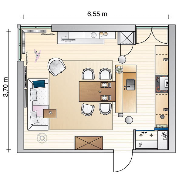 Disposición cuadrada de la cocina-sala de estar.