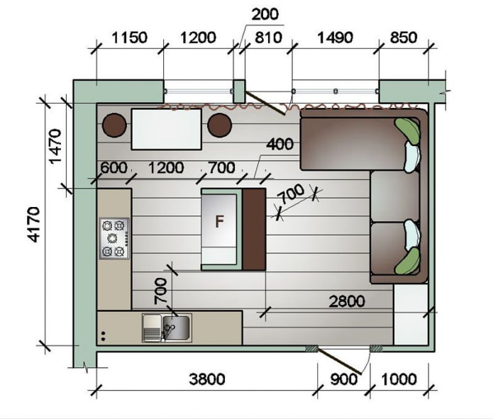 salón-cocina rectangular 16 plazas