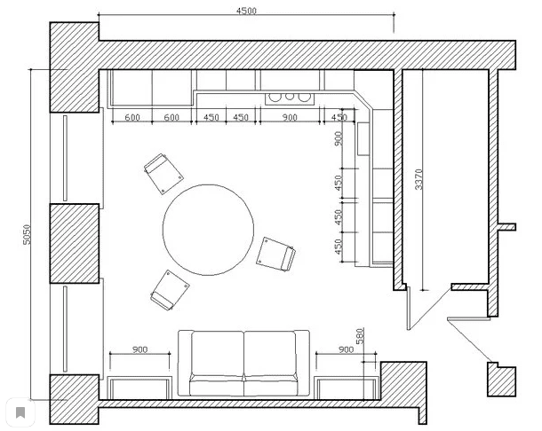 cocina-sala de estar cuadrada de 16 m2.