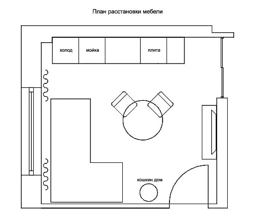 cocina-sala de estar cuadrada de 16 m2.