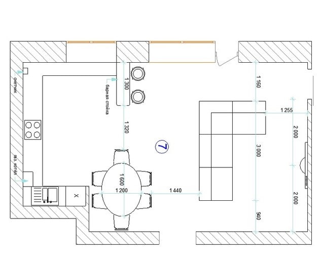 layout ng kusina-sala na 30 mga parisukat