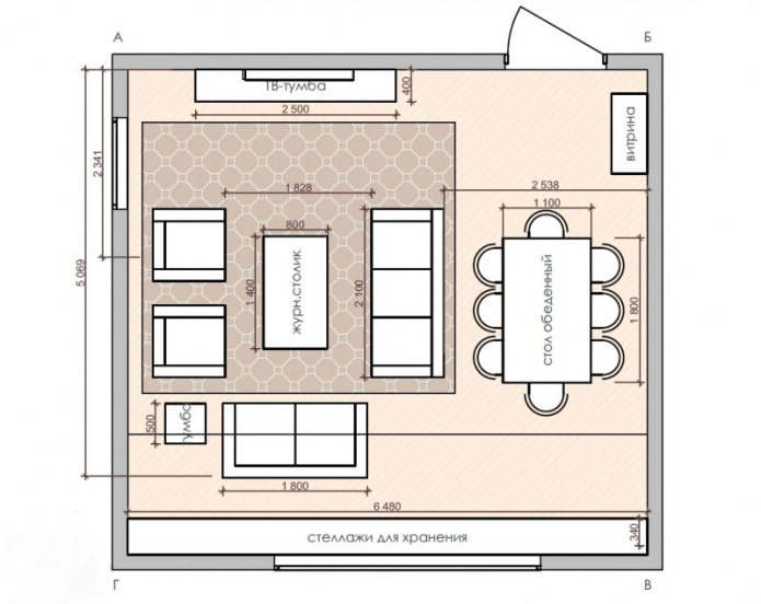 plano de cocina-sala de estar en forma cuadrada