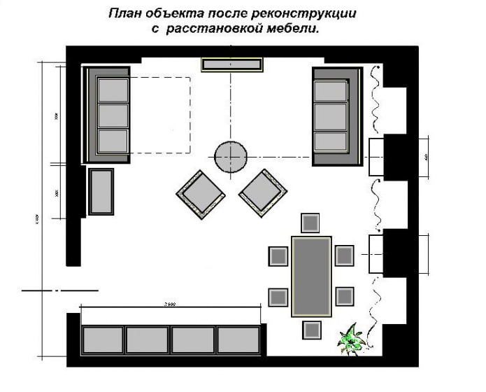 plano de cocina-sala de estar en forma cuadrada