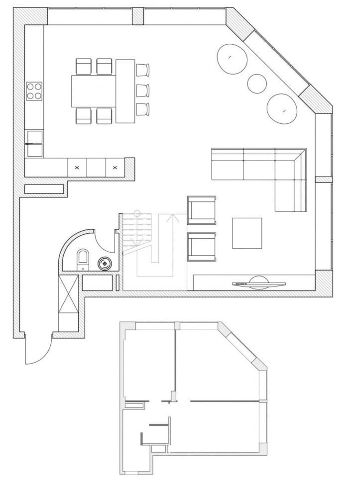 plano de la sala de estar de la cocina con un diseño no estándar