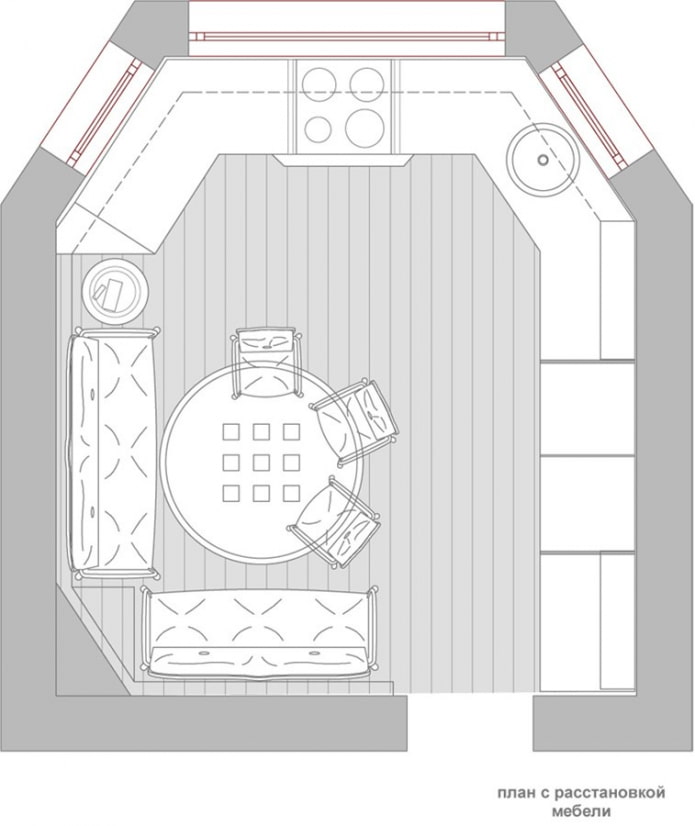 plano sa kusina-sala na may isang hindi karaniwang layout