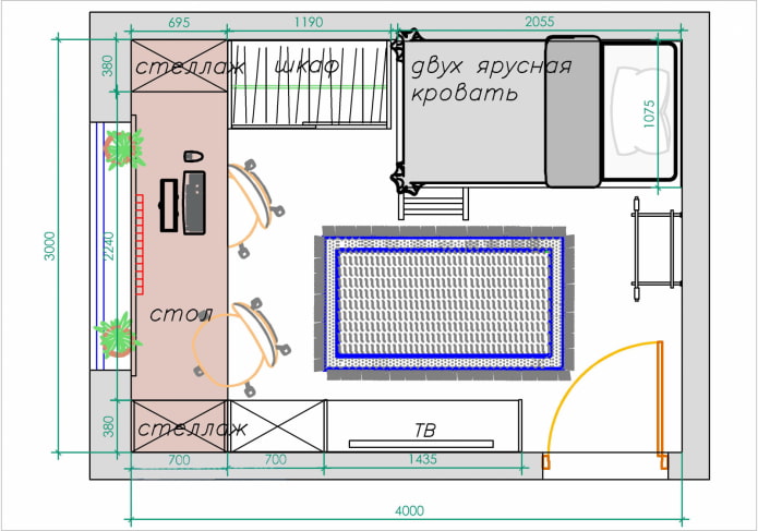 Isang variant ng layout ng nursery para sa dalawa