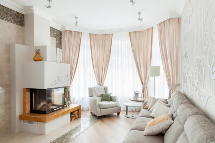 Diseño y zonificación de la sala de estar en el interior de la casa.