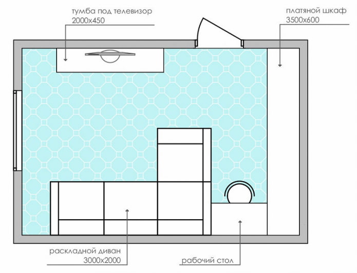 diagrama de una sala de estar rectangular