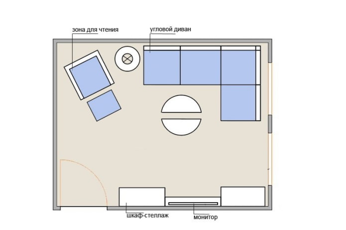 Diagrama de una sala de estar de 15 metros cuadrados con un sofá de esquina.