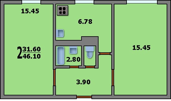 diseño de un Khrushchev de 2 habitaciones, serie K-7