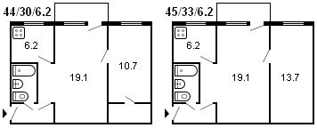 diseño de un Jruschov de 2 habitaciones, serie 1-335