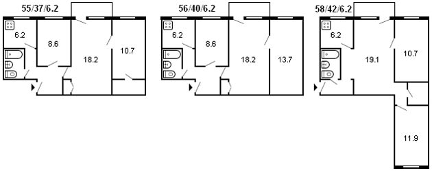 diseño de un Jruschov de 3 habitaciones, serie 1-335