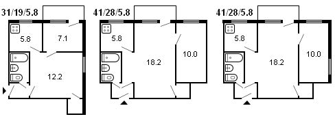 diseño de un edificio Khrushchev de 2 habitaciones, serie 434, 1959