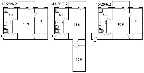 diseño de un edificio Khrushchev de 2 habitaciones, serie 434, 1960