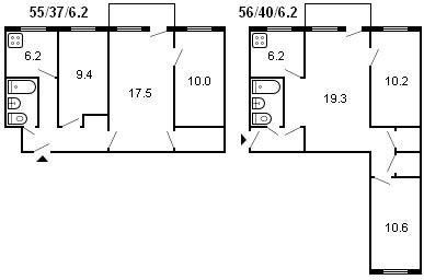 diseño de un edificio de Jruschov de 3 habitaciones, serie 434, 1960