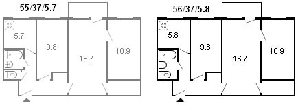 layout ng isang 3-silid Khrushchev, serye 434, 1964