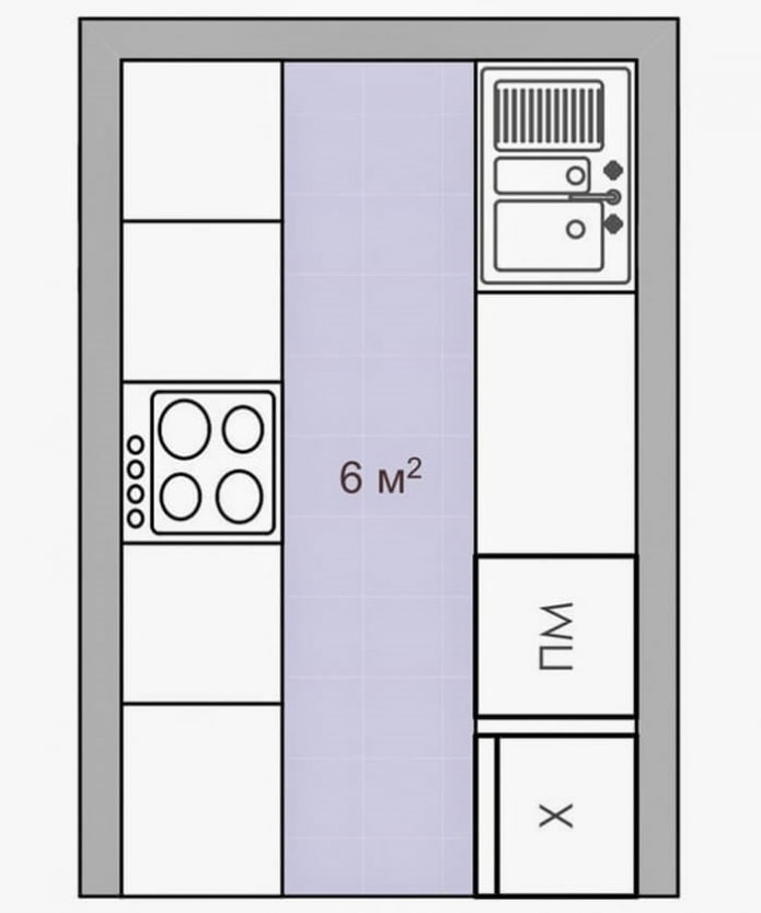 diseño de cocina con un área de 6 cuadrados