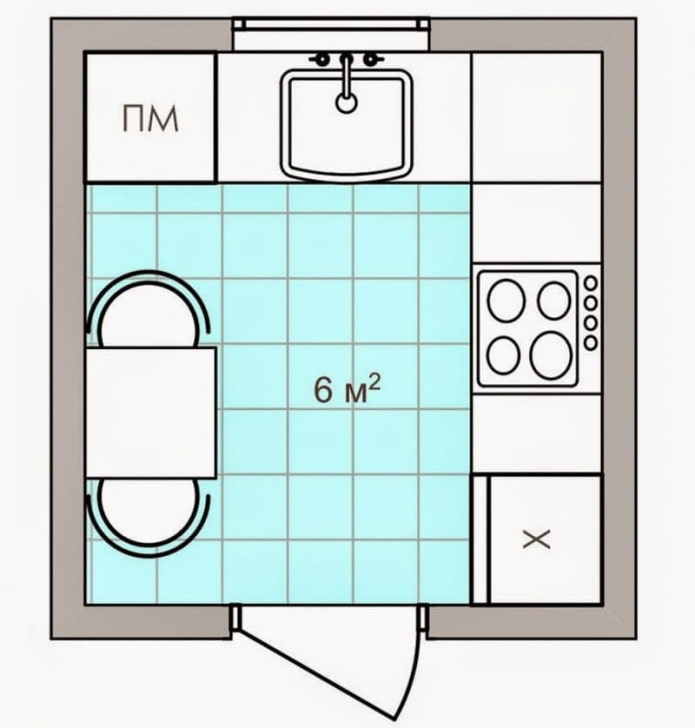 layout ng kusina na may lugar na 6 na parisukat