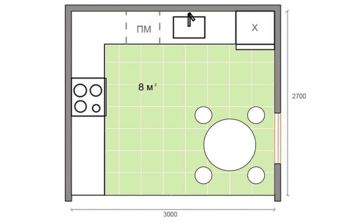 layout ng kusina na may sukat na 8 sq m