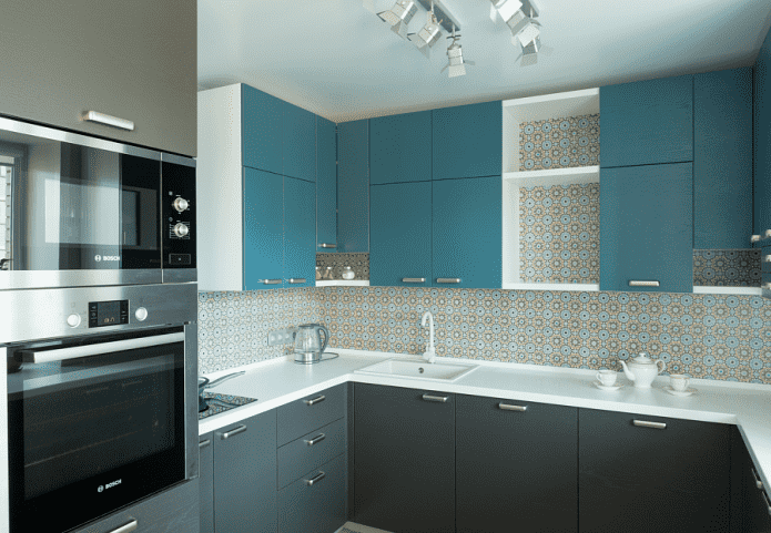 diseño de cocina en colores gris turquesa