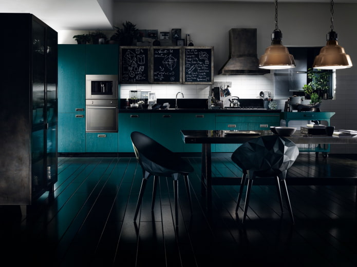 interior de la cocina en colores negro y turquesa