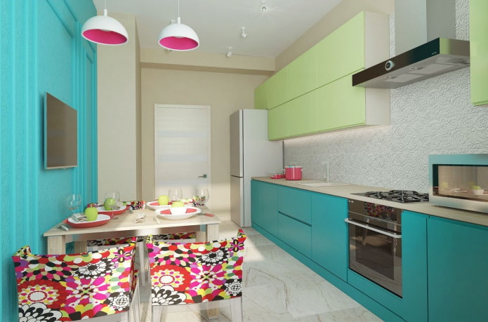 cocina en colores turquesa con acentos brillantes