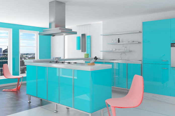 cocina en colores turquesa con acentos brillantes