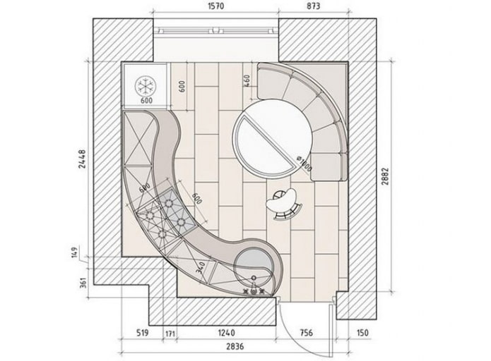 layout ng kusina na may lugar na 10 mga parisukat