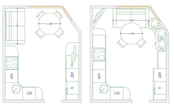 layout ng kusina na may lugar na 10 mga parisukat