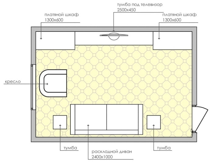 layout ng sala na may isang maliit na sofa