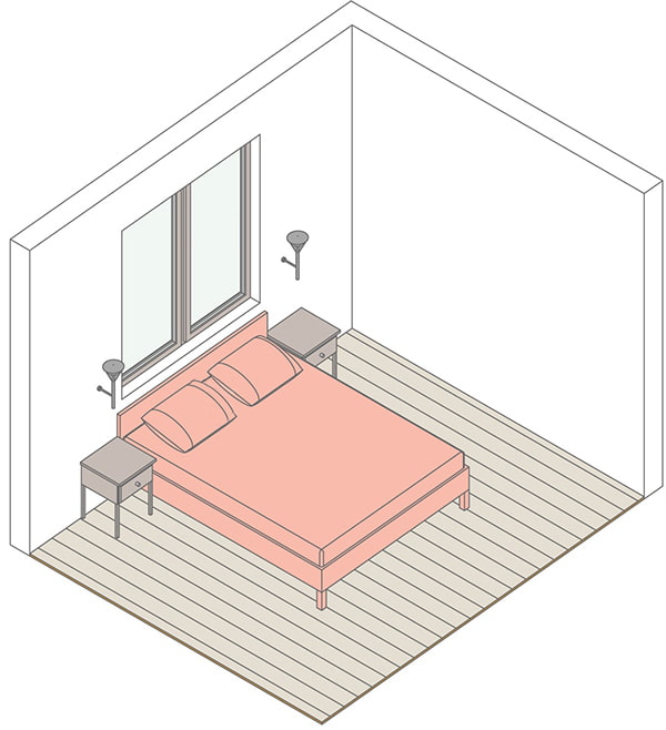 Disposición de un dormitorio con una cama junto a la ventana.