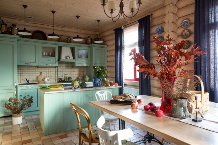 decoración de cocina en una casa de madera